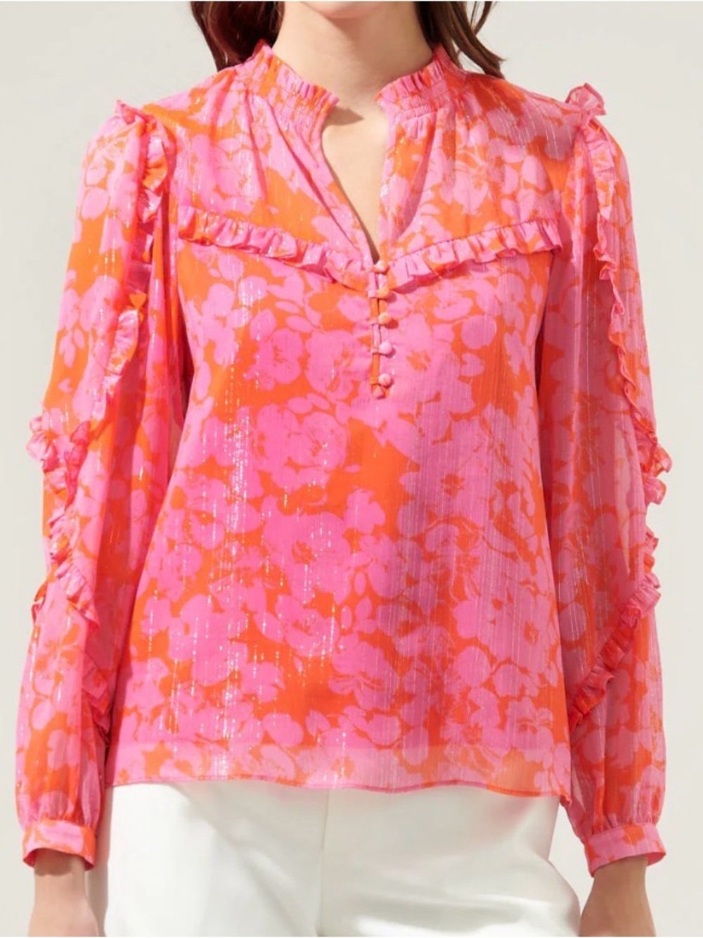 NWT Sugarlips Pink and Orange Floral Ruffle V-Neck Blouse